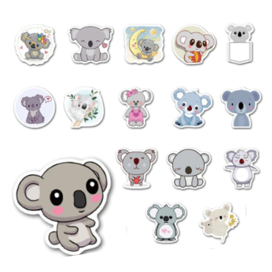 Collection of cute koala-themed stickers on a white background