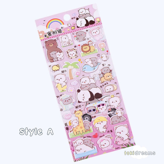 3D Puffy Sticker sheet with cute cat and kawaii bear panda and giraffe cartoons