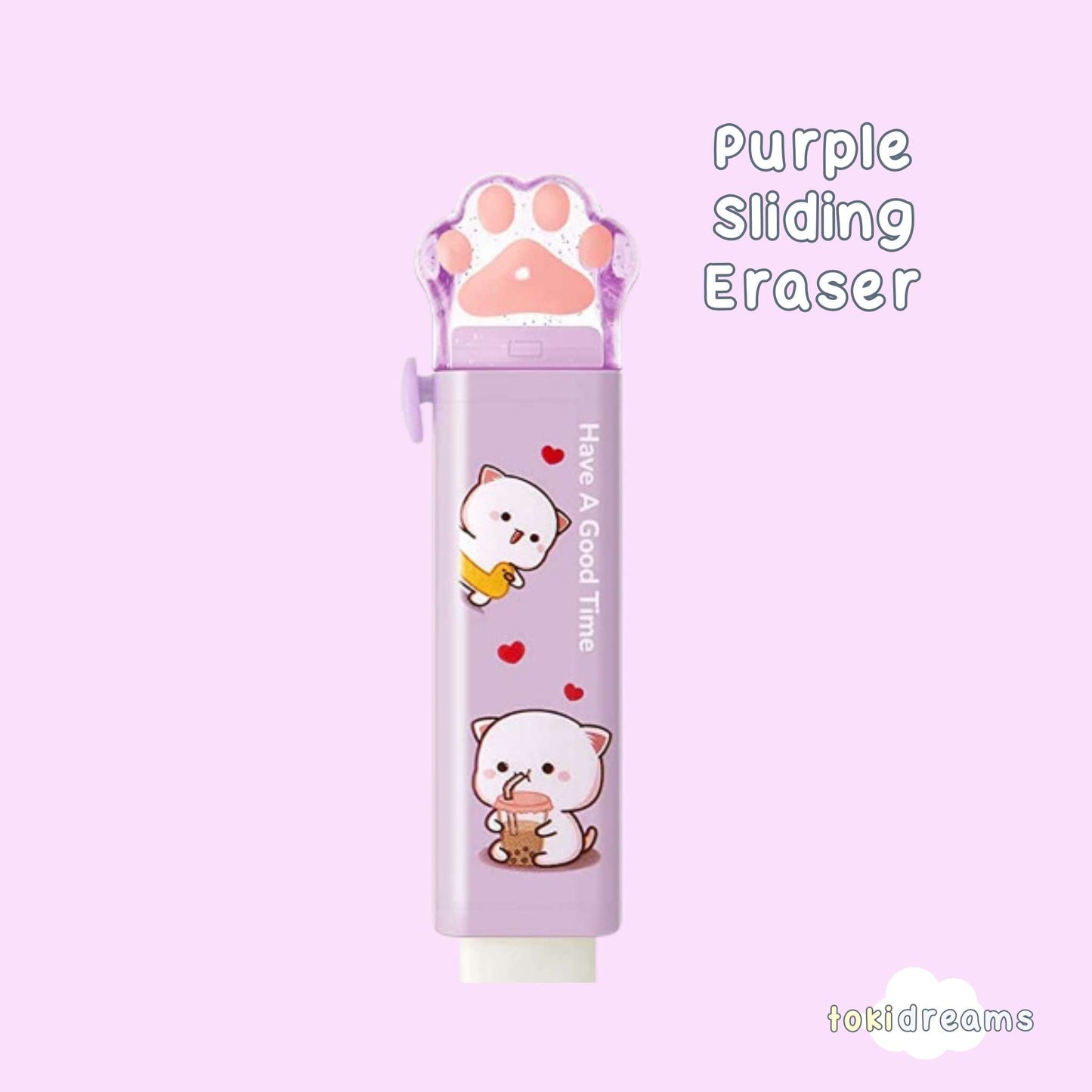 Purple cat paw sliding retractable eraser with kawaii cat character