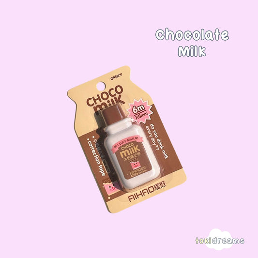 Correction tape in chocolate milk bottle packaging with product visible through clear window on light purple background