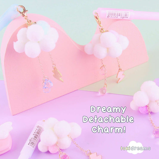 Collection of pens with cloud-shaped and a lightning bolt charm, surrounded by cloud decor