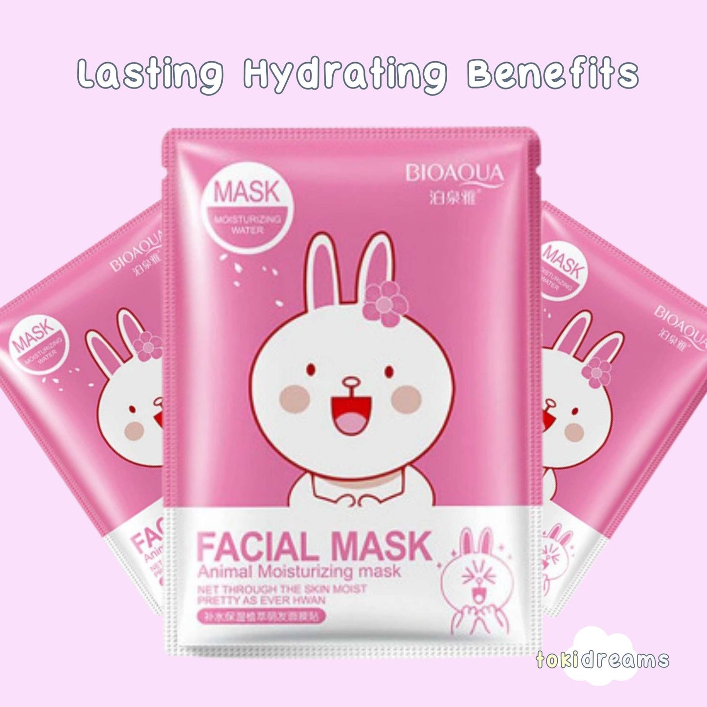 Bioaqua facial sheet mask with kawaii bunny face design on pink packaging, hydrating skincare mask