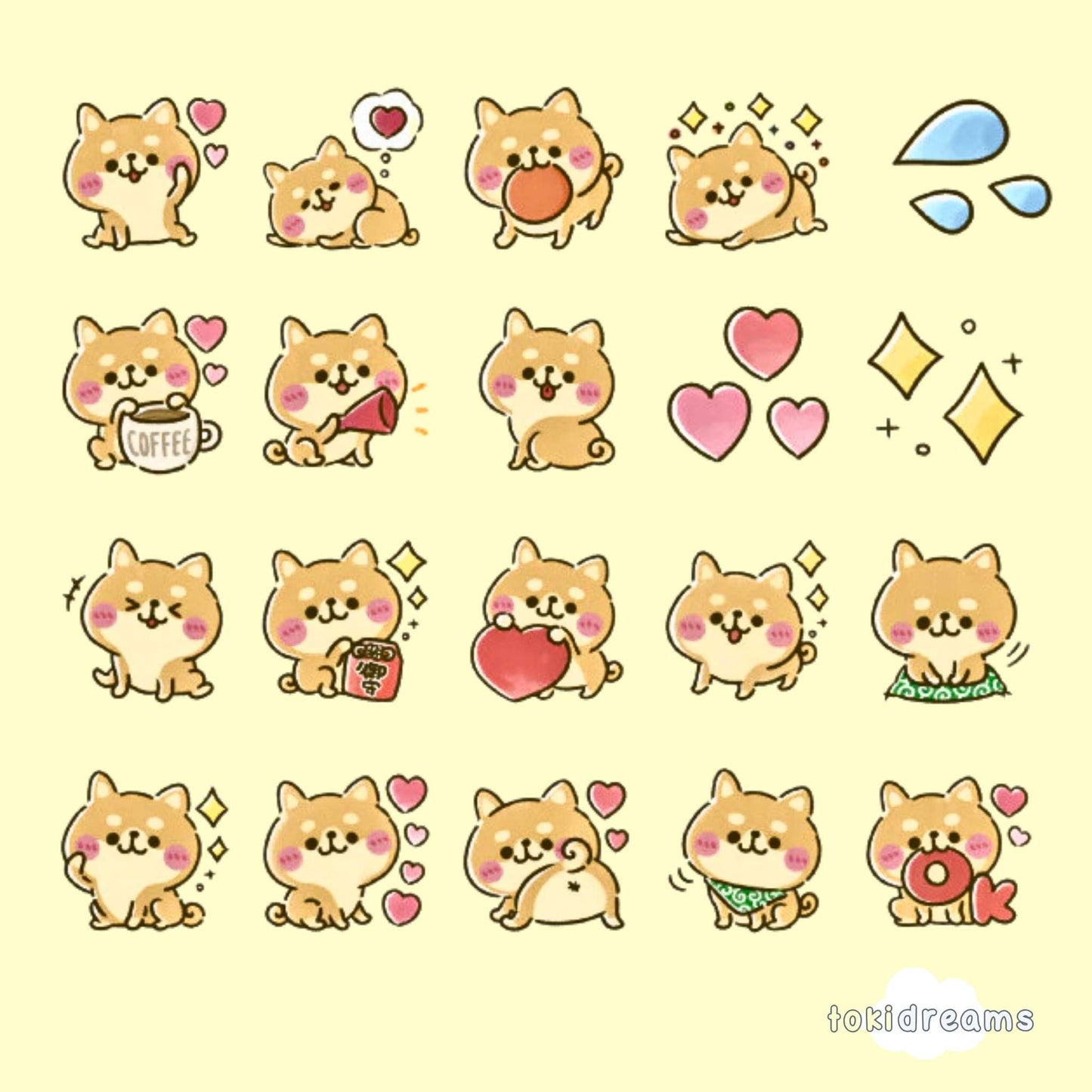 Corgi stickers displaying different activities and cute facial expressions in kawaii style