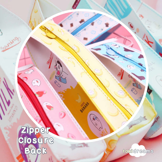 Collection of milk carton pencil pouches showing zipper closure in detail