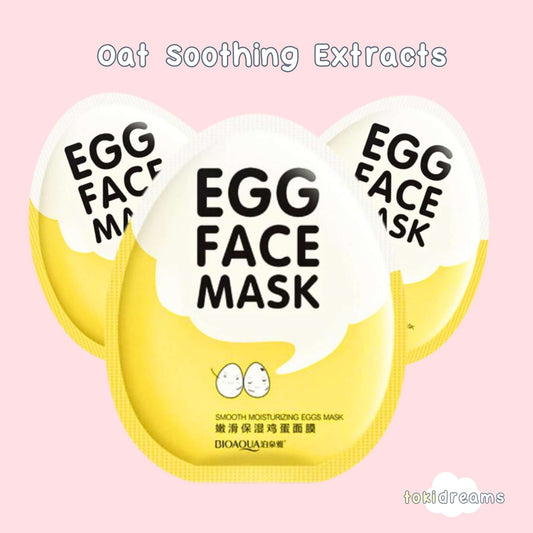 Set of three egg-shaped facial sheet mask packages with cute yellow and white cartoon egg design