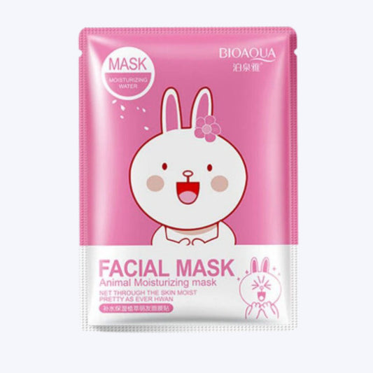 Bioaqua facial mask packaging with a bunny cartoon character on a white background