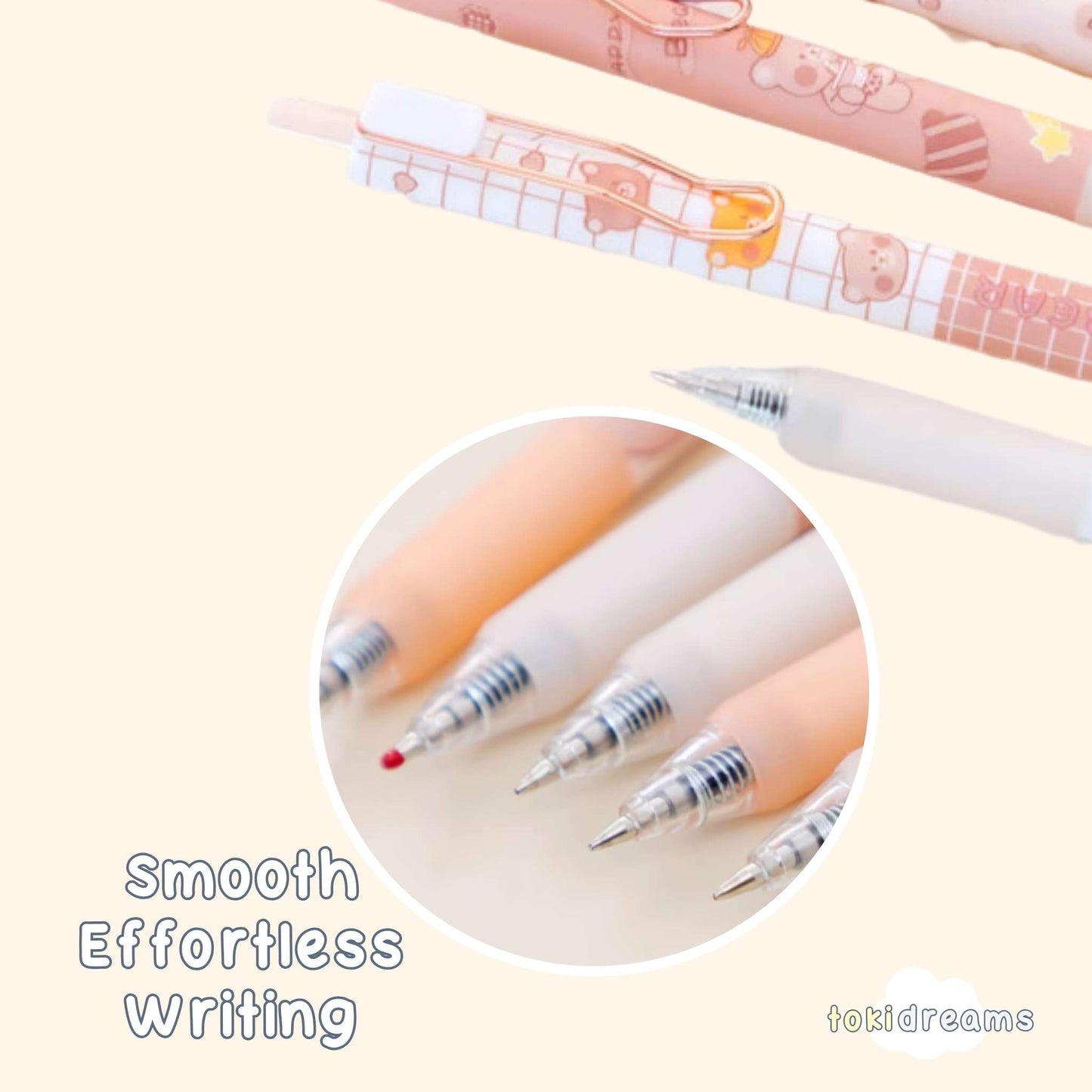 Close-up of tan ballpoint pen tip showing fine point writing end