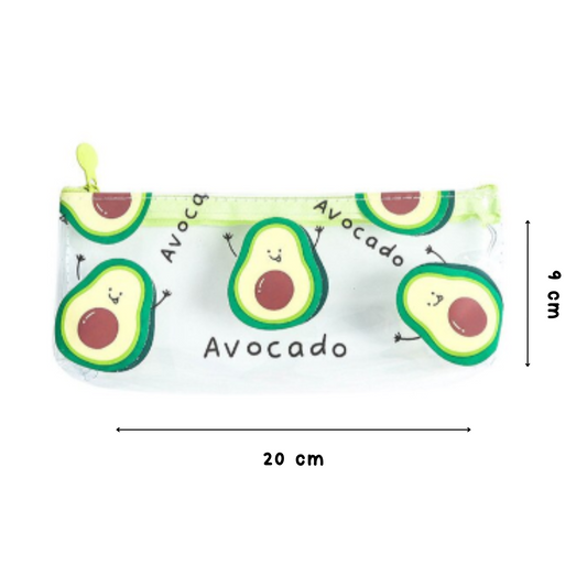Pouch with avocado design and measurements on a white background