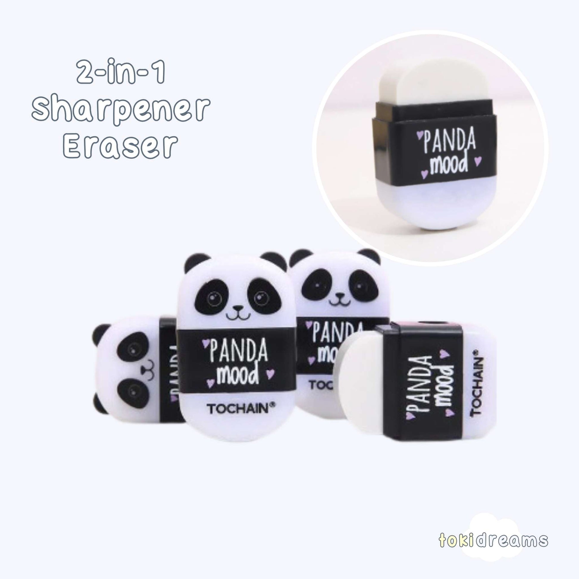 2-in-1 Panda eraser and sharpener set with smiling black and white panda 