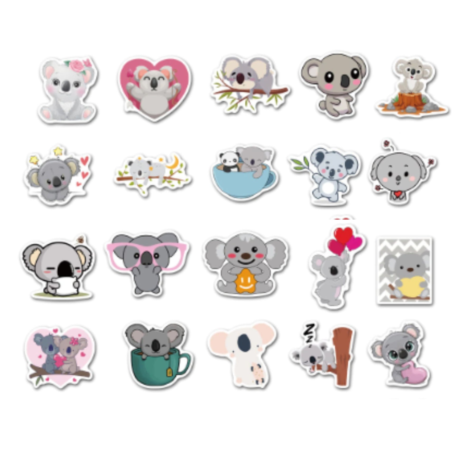 Set of kawaii koala bear themed stickers on a white background