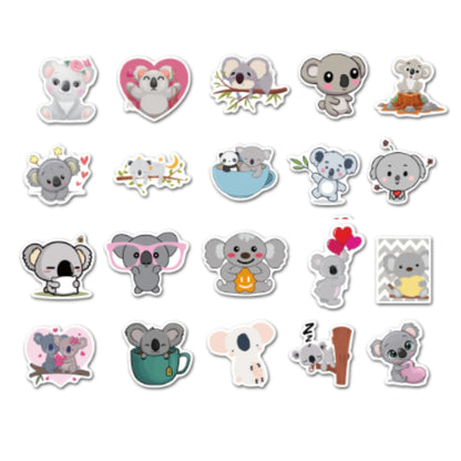 Set of kawaii koala bear themed stickers on a white background