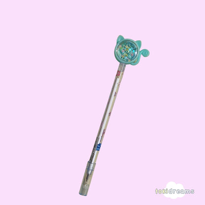 A glitter pen with a cat design, resembling a sparkle wand