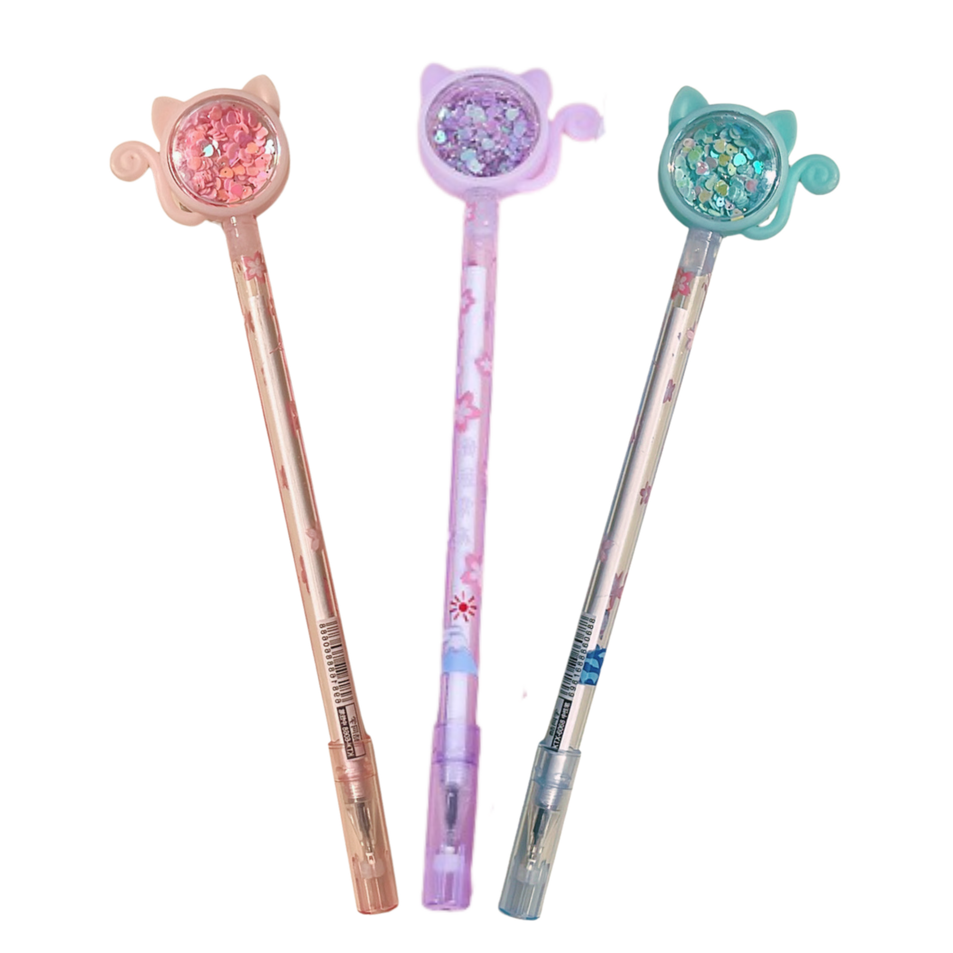 Three decorative pens with cat-shaped ends in purple, pink, and blue colors