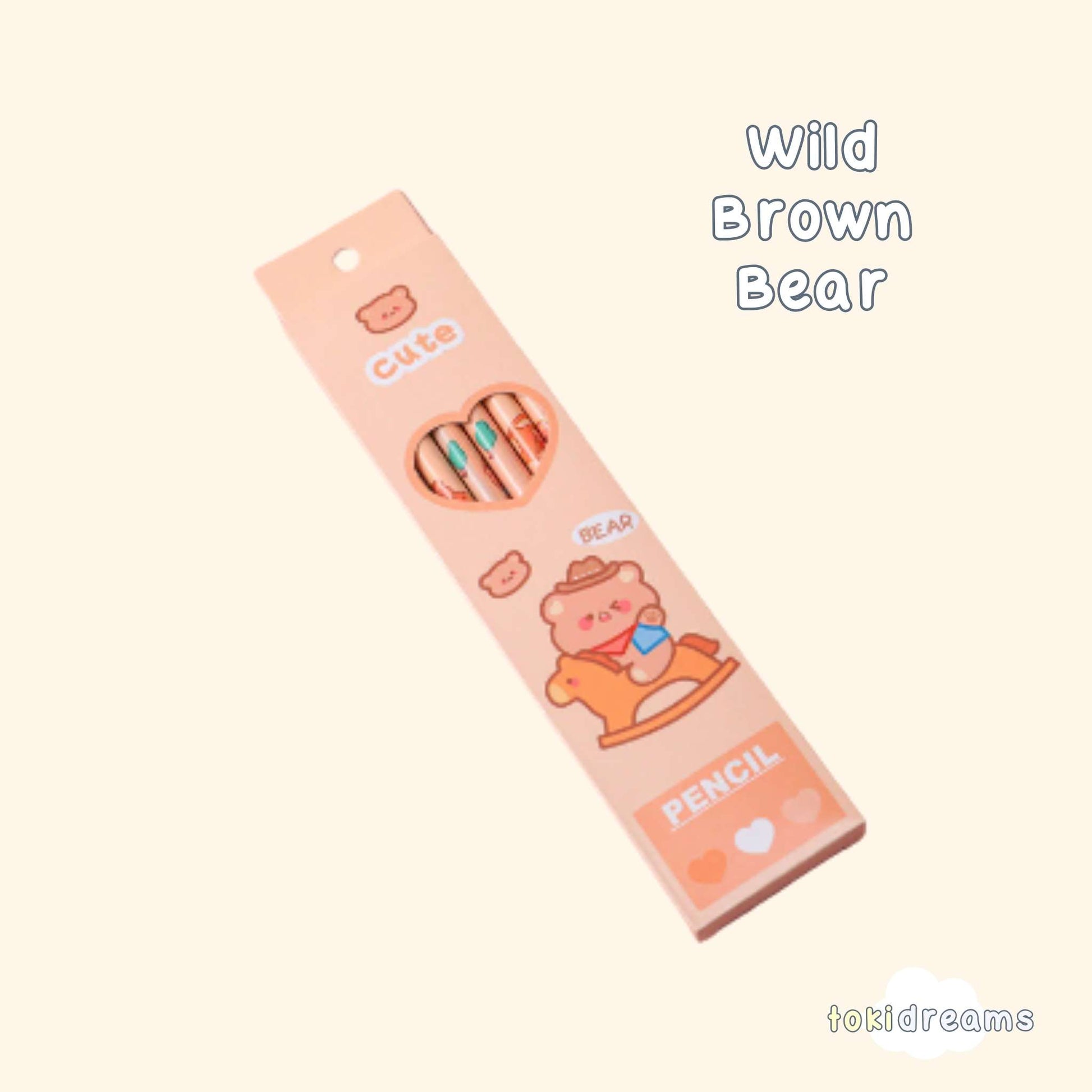 winking cartoon bear in cowboy hat on rocking horse pencil packaging with cute labeling