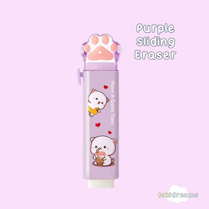 Purple cat paw sliding retractable eraser with kawaii cat character