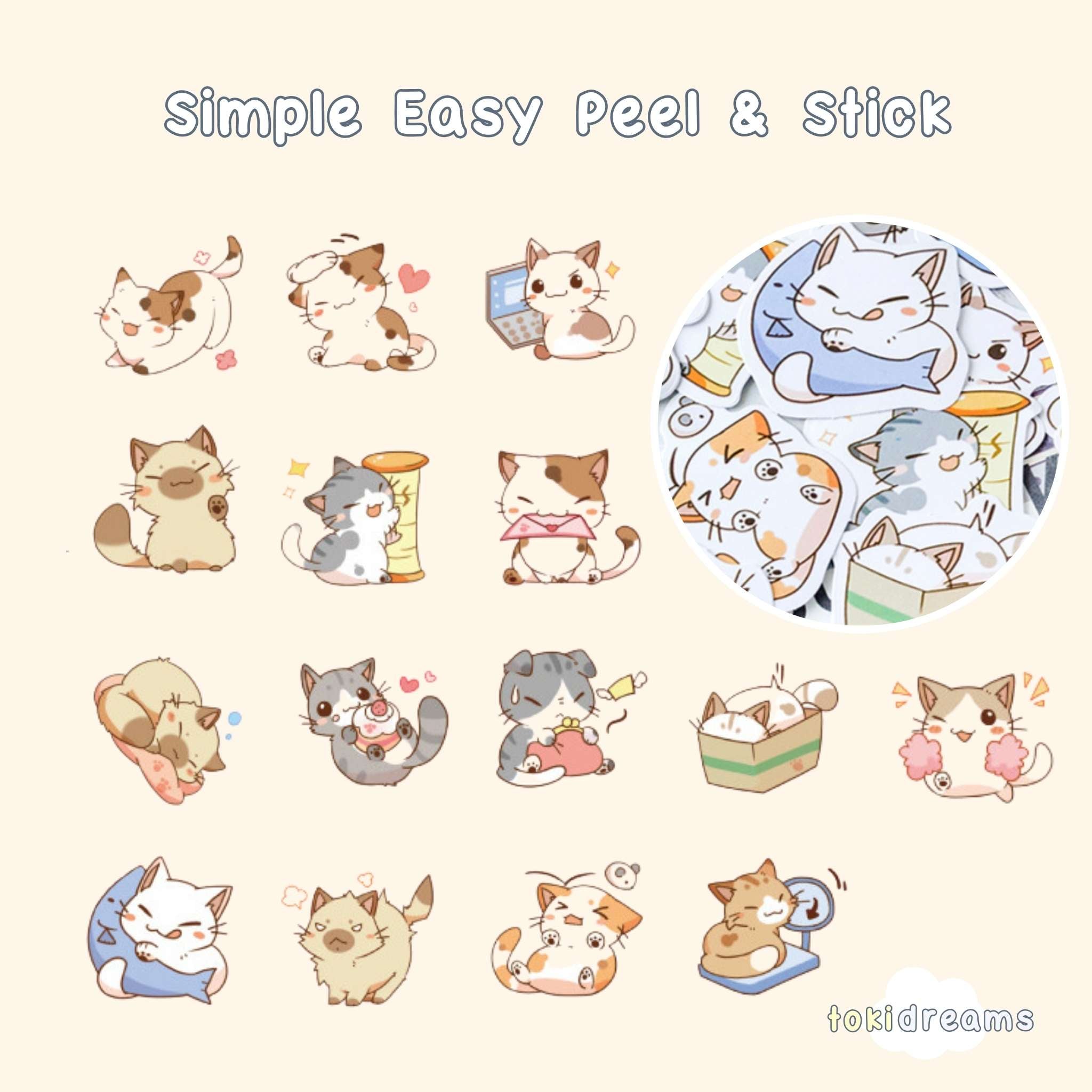 Simple Kitten Sticker 50 Count Tiny Cat - Kittens, Paws, Chibi Stationery Sticker Set ...