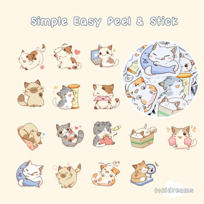 Stickers of tiny cats sleeping, eating, and playing.