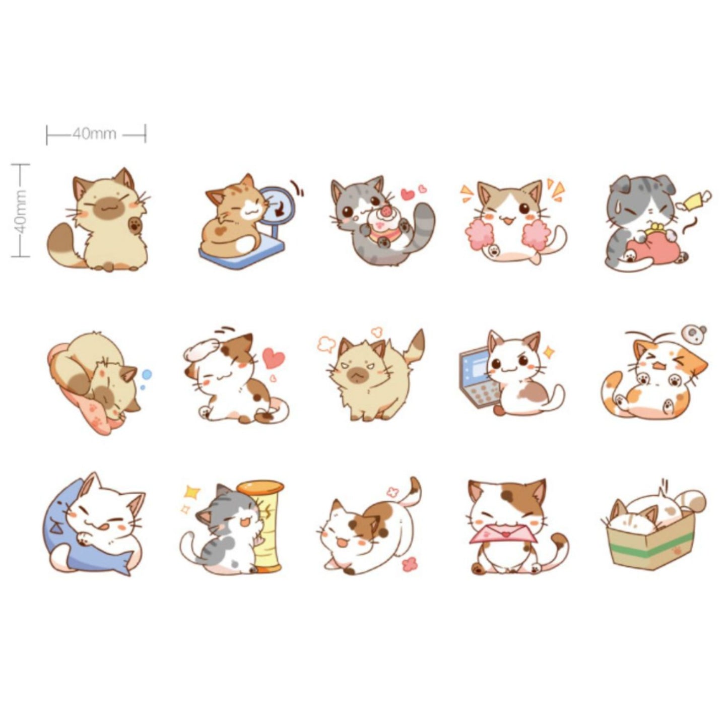 Set of cute cartoon cats in various poses and expressions on a white background.