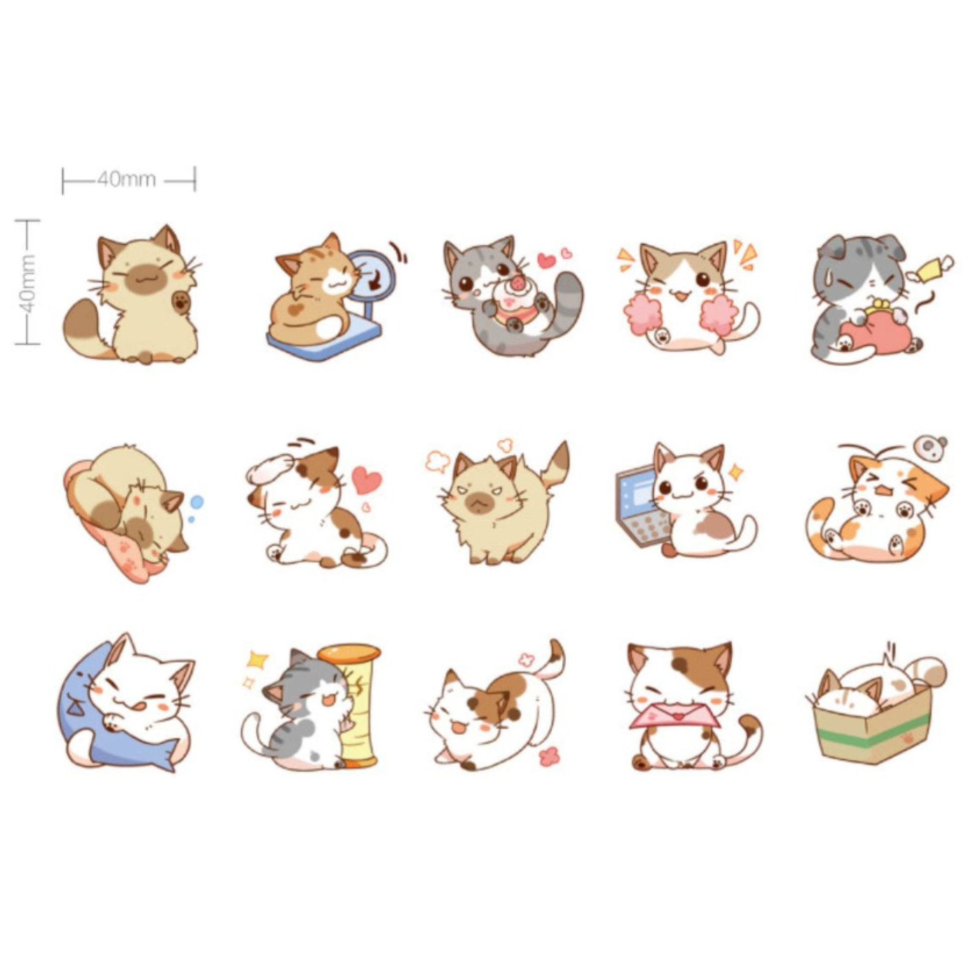 Set of cute cartoon cats in various poses and expressions on a white background.