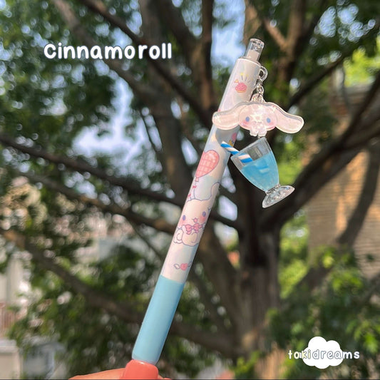 Cinnamoroll pen with a dangling drink cup charm in a blue and white design