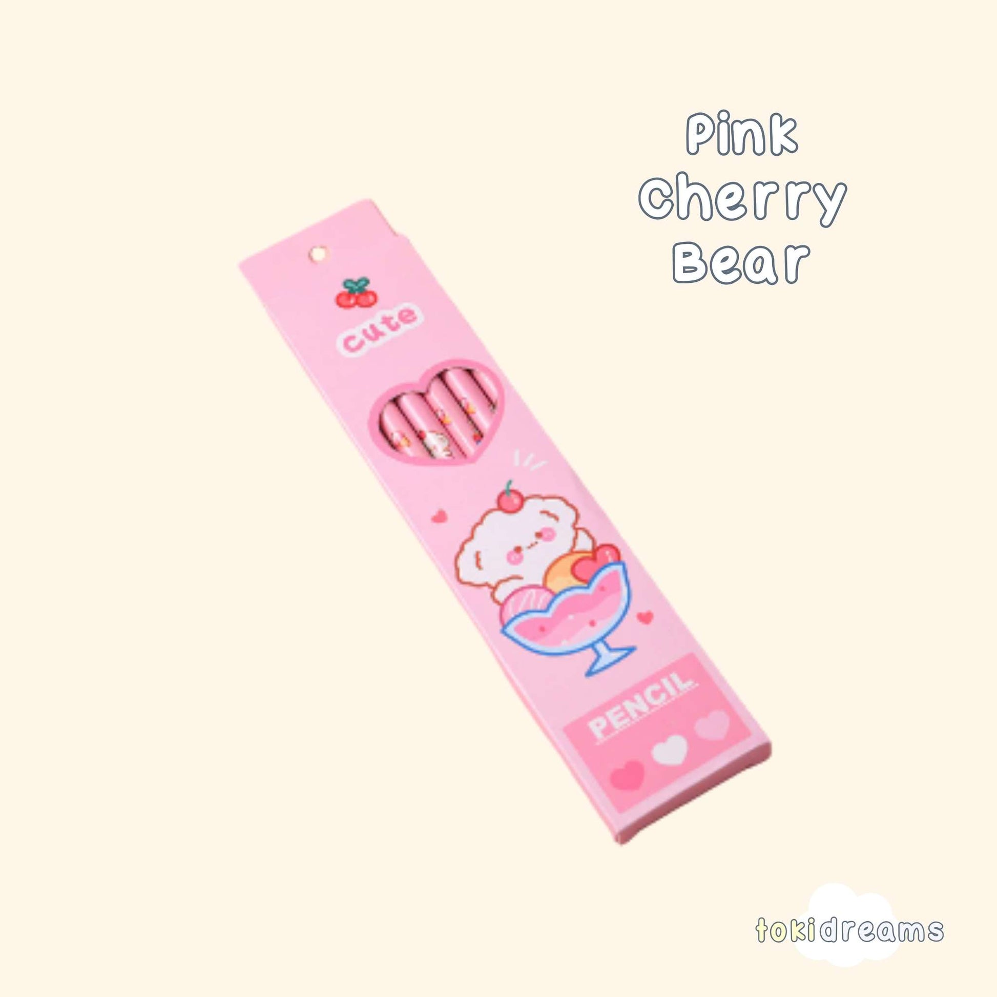 Pencil pack in pink, decorated with a sweet bear in dessert cup with cherry and heart decoration