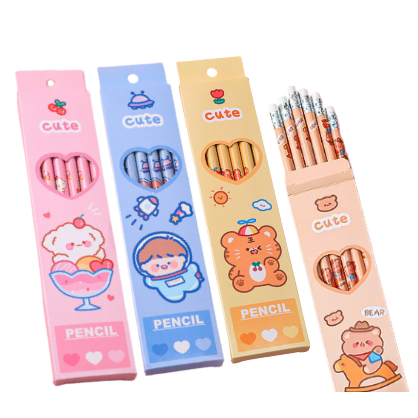 Set of cute pencil packages with cartoon designs on a white background