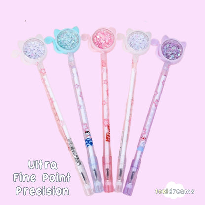 Collection of sparkle gel pens with cat shaped color glitter domes