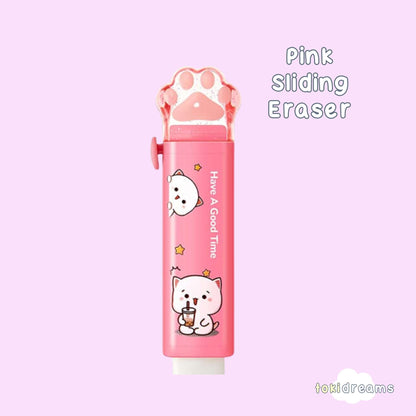 A pink retractable handheld eraser designed to look like a cat's paw, with a cartoon image of a cat on the eraser.