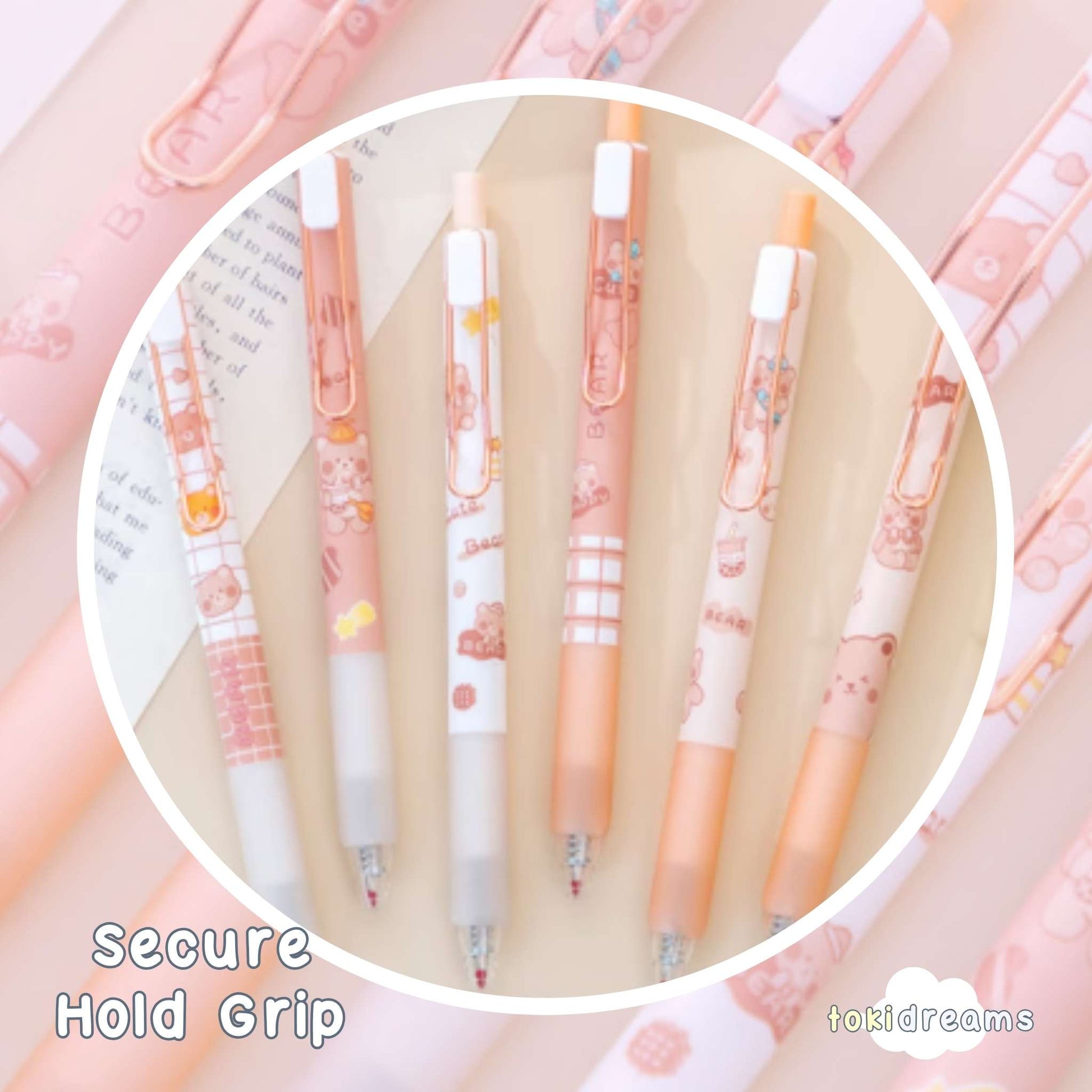 "Multicolor ballpoint pens with cute bear designs and checkered grip pattern