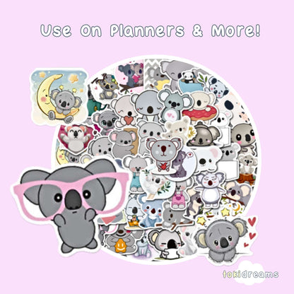 Colorful koala bear stickers with various designs including koala wearing sunglasses