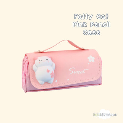 A pink fidget pencil case with a cartoon image of a fatty cat (resembling a sumo wrestler) with flowers and the word 'sweet' on it.