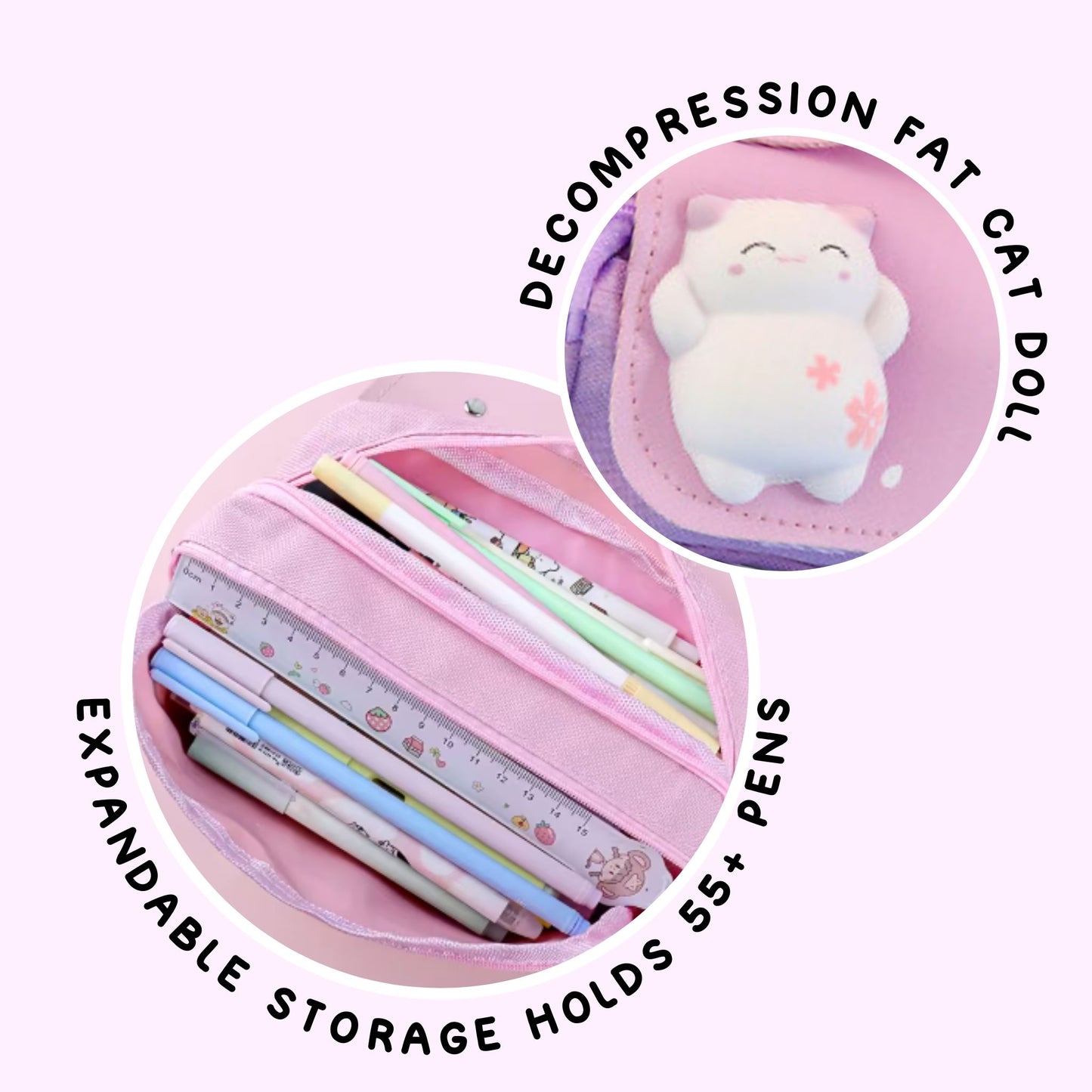 Pink pencil case with decompression fat cat doll and stationery items 