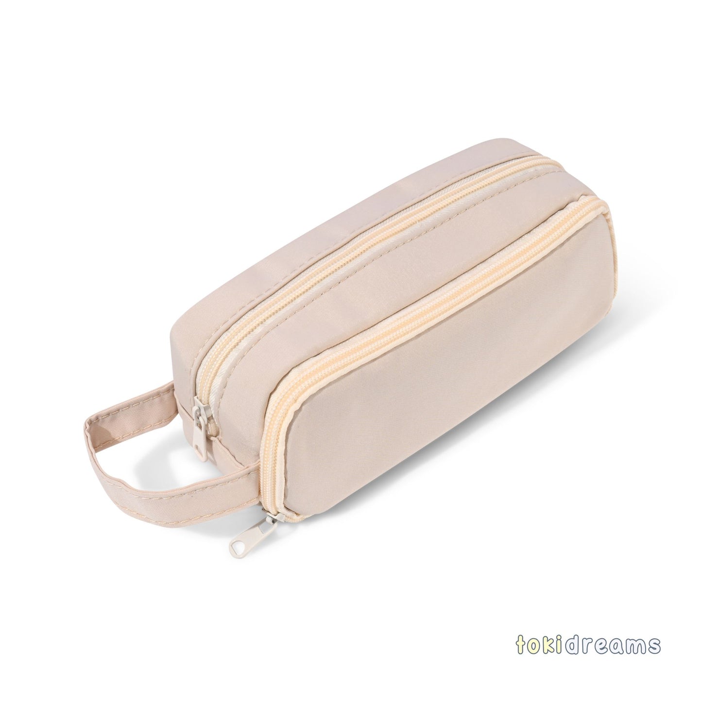 Beige travel bag with zipper and side strap carry handle
