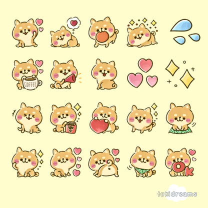 Corgi stickers displaying different activities and cute facial expressions in kawaii style
