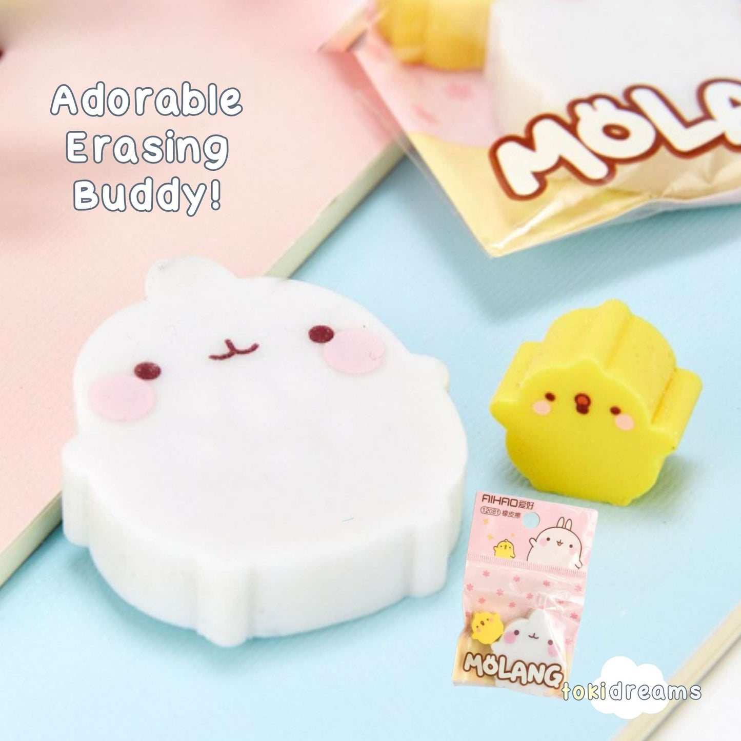 An eraser shaped like a bunny with Molang theme and separate yellow bird eraser.