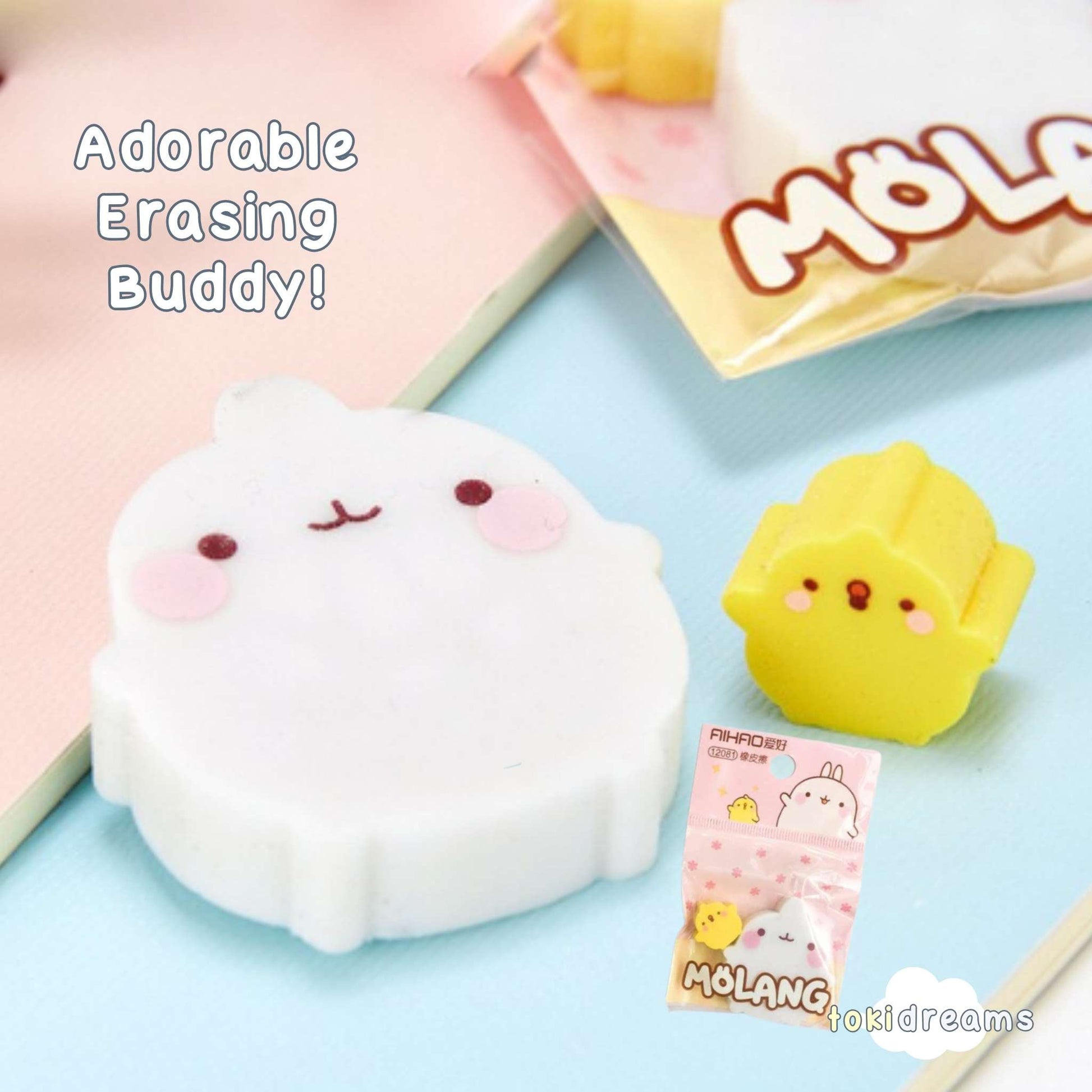 An eraser shaped like a bunny with Molang theme and separate yellow bird eraser.