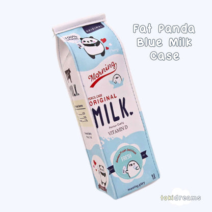 Blue milk carton pencil pouch with cute panda design