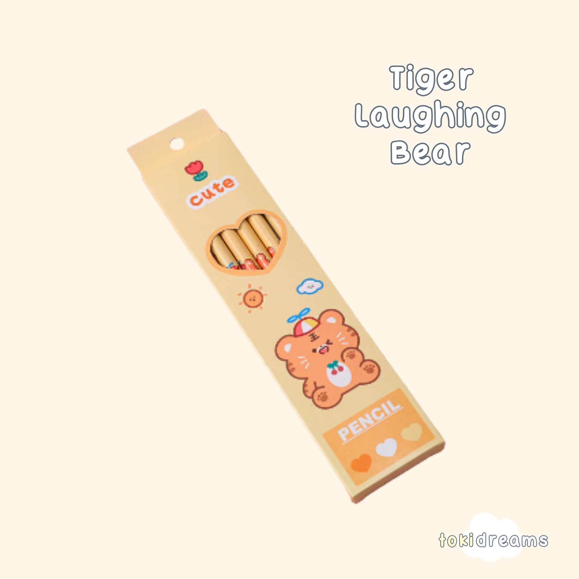 6 wooden pencils in orange packaging with smiling tiger bear and flower with heart design