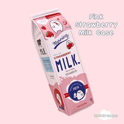 Pink strawberry milk carton pencil pouch with bear design