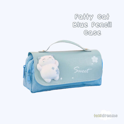 A blue pencil case featuring a cartoon-style fat cat design with the text 'SWEET' on it.