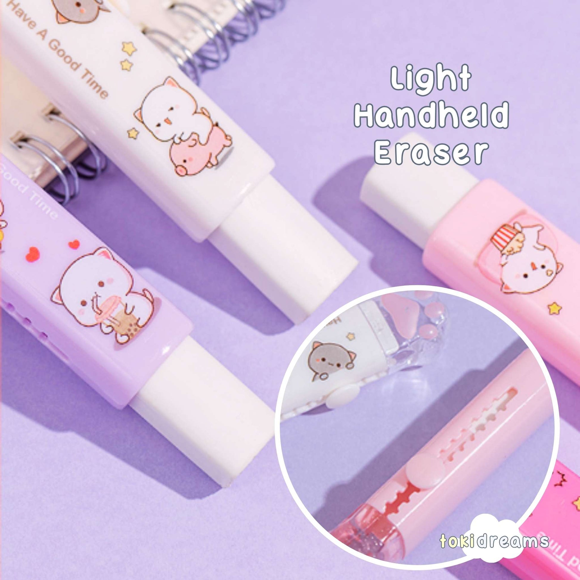 Group of retractable cat paw erasers with paw-shaped barrels, showing sliding mechanism in detail