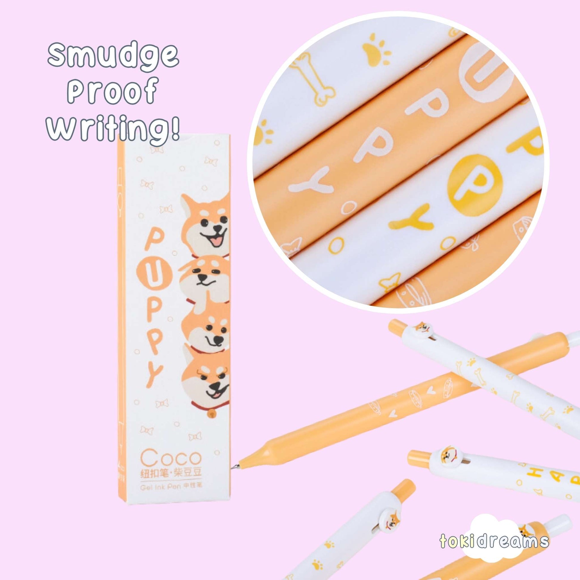 Shiba Inu gel pens with orange and white dog designs 