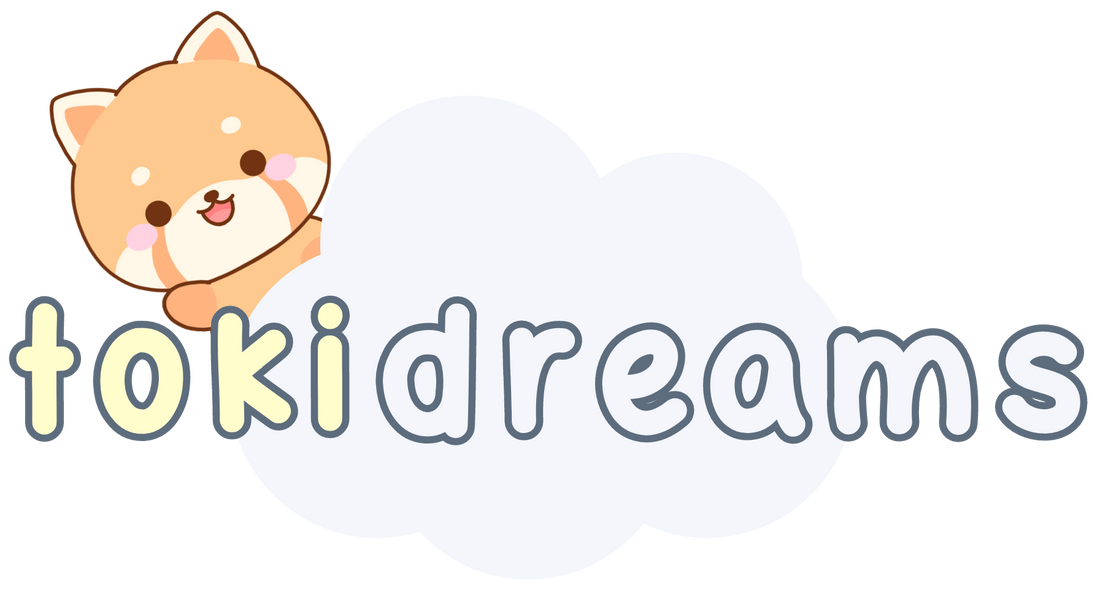 Logo featuring a cute cartoon Shiba Inu character peeking from behind the stylized text 'tokidreams' on a white background.