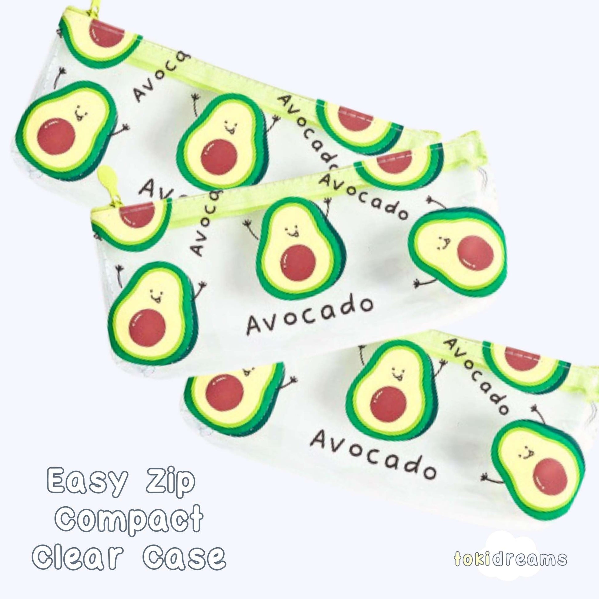 Set of 3 transparent avocado pencil case with smiling avocado cartoon pattern.